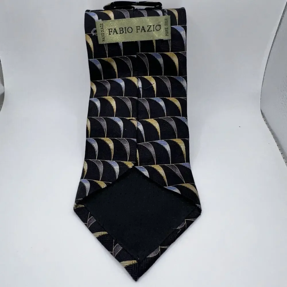 Fabio Fazio‎ Silk Tie 59” 4” Wide Black Gold Blue Geometric Handmade